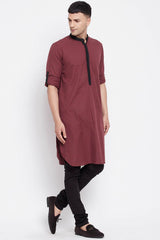 Buy Men's Pure Cotton Solid Long Kurta in Maroon - Side