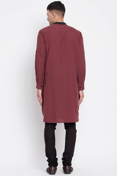 Buy Men's Pure Cotton Solid Long Kurta in Maroon - Zoom in