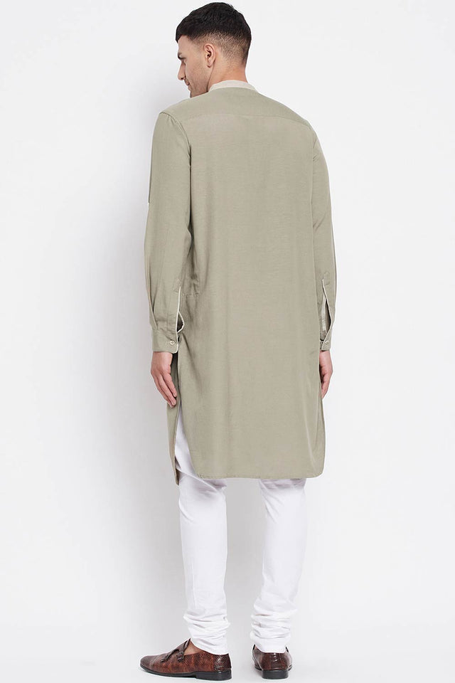Buy Men's Pure Cotton Solid Long Kurta in Green - Zoom in