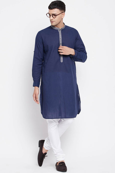 Buy Men's Pure Cotton Solid Long Kurta in Blue - Front