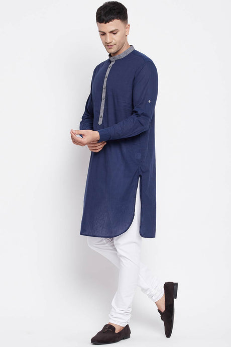 Buy Men's Pure Cotton Solid Long Kurta in Blue - Back