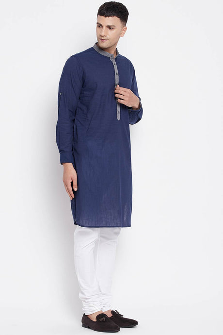 Buy Men's Pure Cotton Solid Long Kurta in Blue - Side