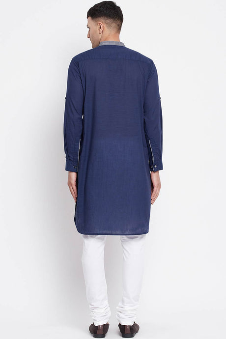 Buy Men's Pure Cotton Solid Long Kurta in Blue - Zoom in