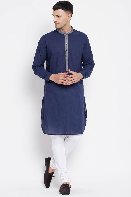 Buy Men's Pure Cotton Solid Long Kurta in Blue