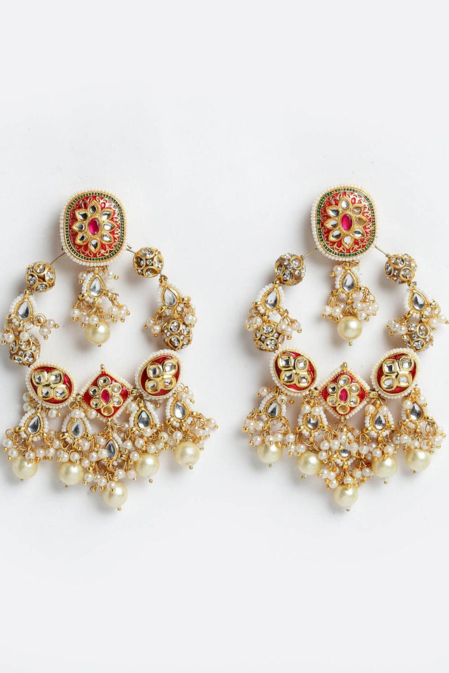 Buy Women's Sterling Silver Kundan Chandbali Earring in Red - Front