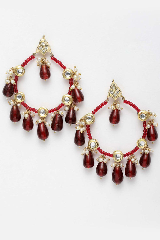 Red And White Gold-Plated Kundan And Pearls Chandbali Earring