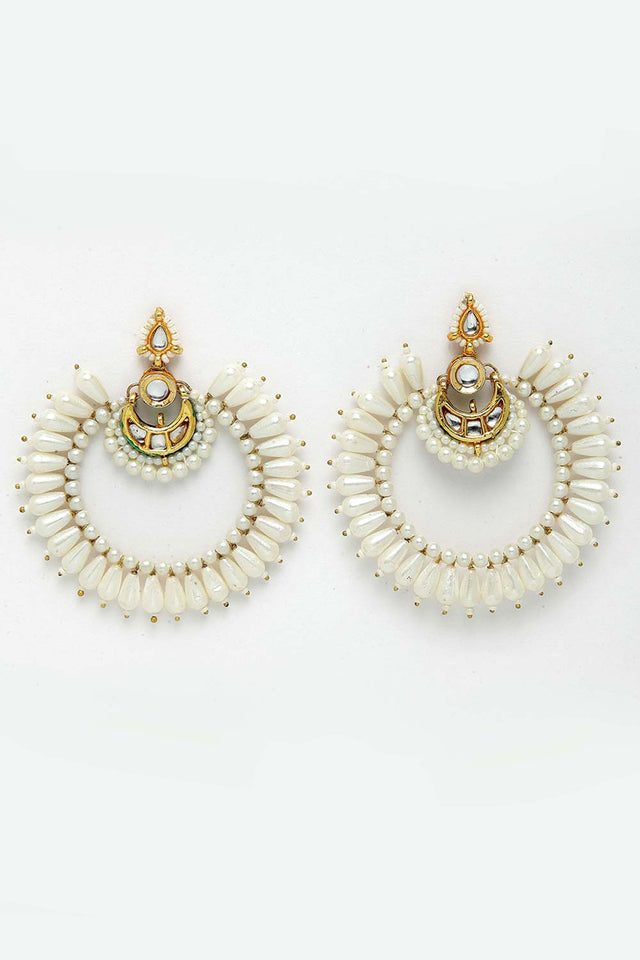 White Gold-Plated Kundan And Pearls Chandbali Earring