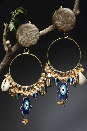 Blue And White Gold-Plated Kundan And Pearls Chandbali Earring (DGEC22020)