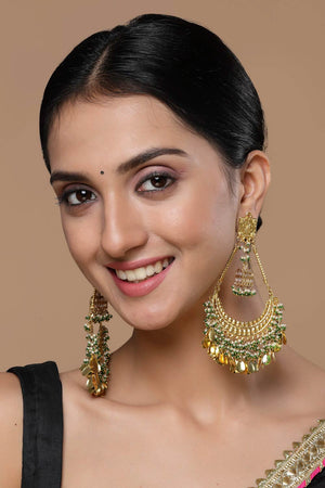 Gold And Green Chand Bali Earring With Pearls And Natural Stones