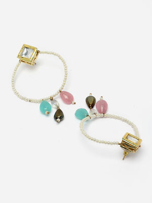 Pink And Blue Chand Bali Earring With Kundan And Pearls