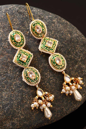 Buy Women's Sterling Silver Large Dangle Earrings in Green Online - Front