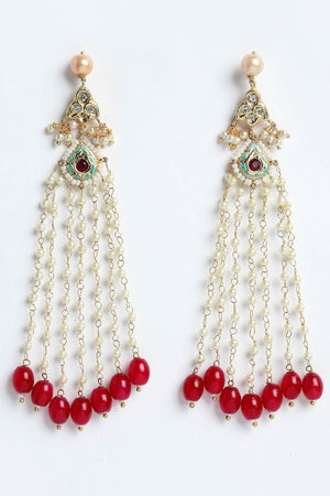 Buy Women's Sterling Silver Kundan Drop Earring in Red - Front