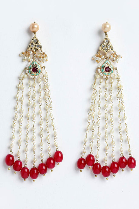 Buy Women's Sterling Silver Kundan Drop Earring in Red - Front