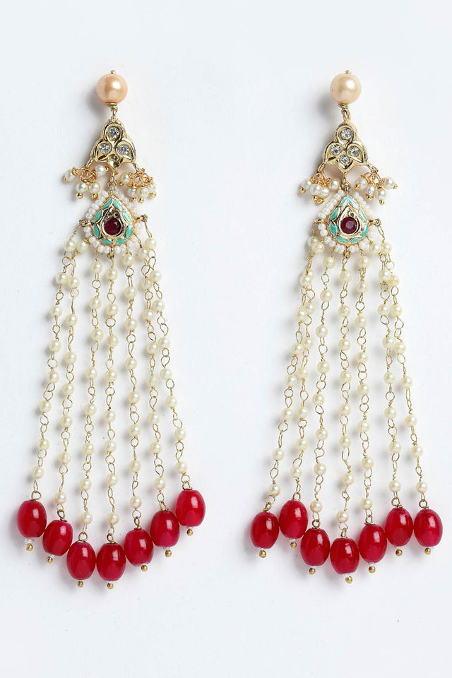 Buy Women's Sterling Silver Kundan Drop Earring in Red - Front
