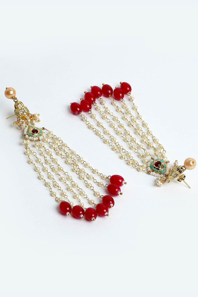 Buy Women's Sterling Silver Kundan Drop Earring in Red - Side