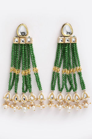 Buy Women's Sterling Silver Kundan Drop Earring in Green - Front