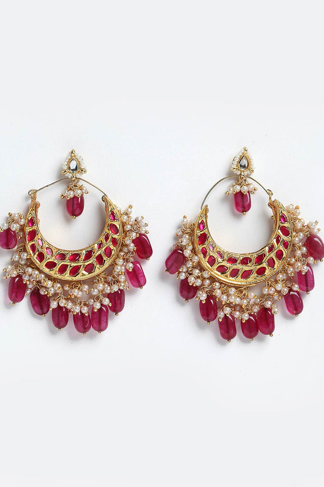 Buy Women's Sterling Silver Kundan Chandbali Earring in Red - Front