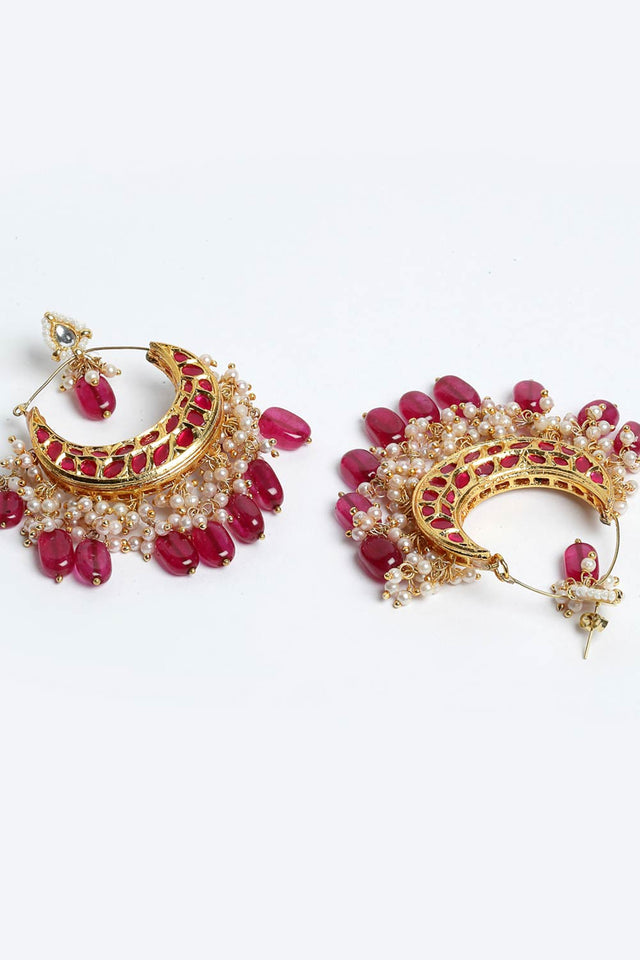 Buy Women's Sterling Silver Kundan Chandbali Earring in Red - Side