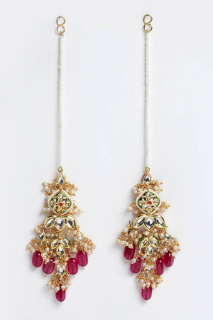 Buy Women's Sterling Silver Kundan Drop Earring with Kanchain in Red - Front