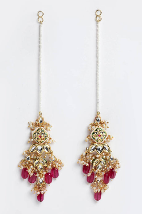 Buy Women's Sterling Silver Kundan Drop Earring with Kanchain in Red - Front