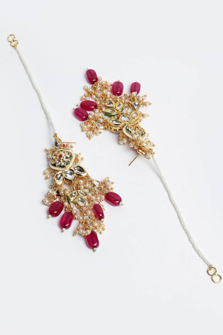 Buy Women's Sterling Silver Kundan Drop Earring with Kanchain in Red - Side