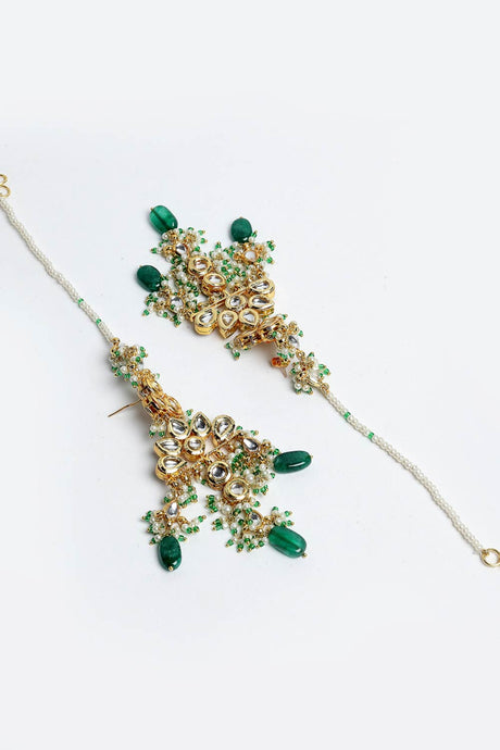 Buy Women's Sterling Silver Kundan Drop Earring with Kanchain in Dark Green - Side
