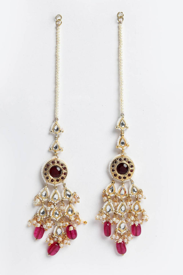 Buy Women's Sterling Silver Kundan Dangle Earring with Kanchain in Maroon - Front