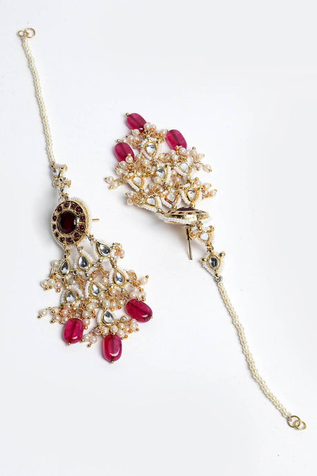 Buy Women's Sterling Silver Kundan Dangle Earring with Kanchain in Maroon - Side