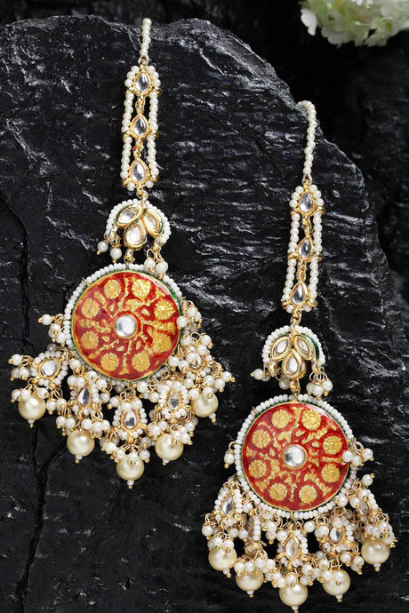 Buy Women's Sterling Silver Kundan Drop Earring with Kanchain in Maroon - Back