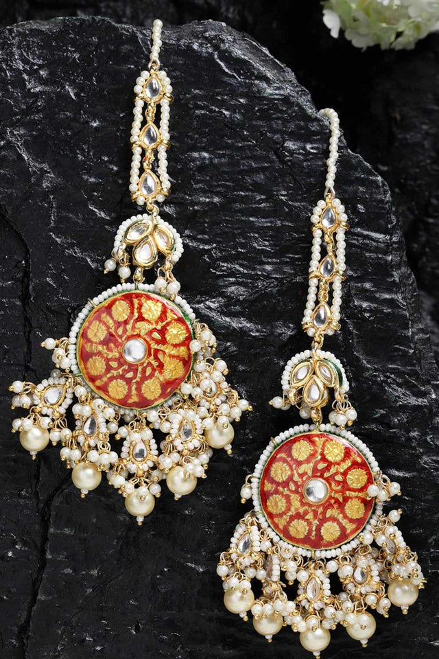 Buy Women's Sterling Silver Kundan Drop Earring with Kanchain in Maroon - Back