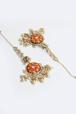 Buy Women's Sterling Silver Kundan Drop Earring with Kanchain in Maroon - Side