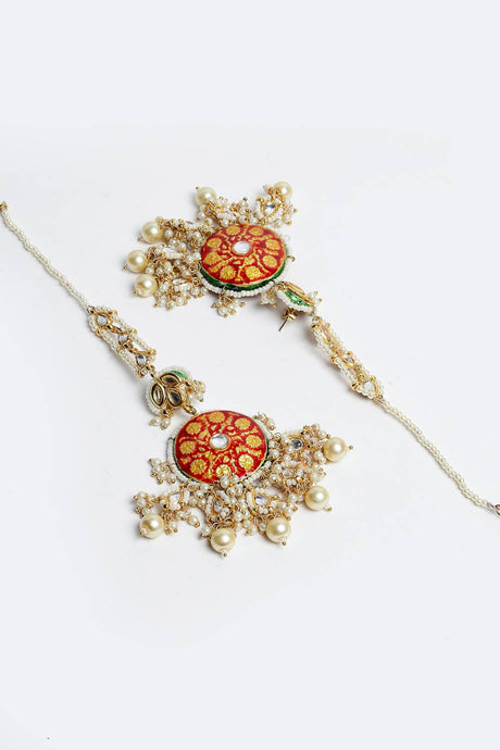 Buy Women's Sterling Silver Kundan Drop Earring with Kanchain in Maroon - Side