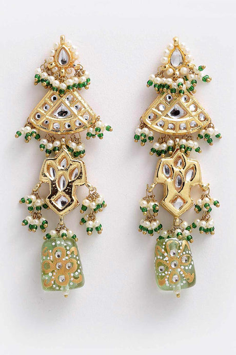 Buy Women's Sterling Silver Kundan Drop Earring in Green - Front