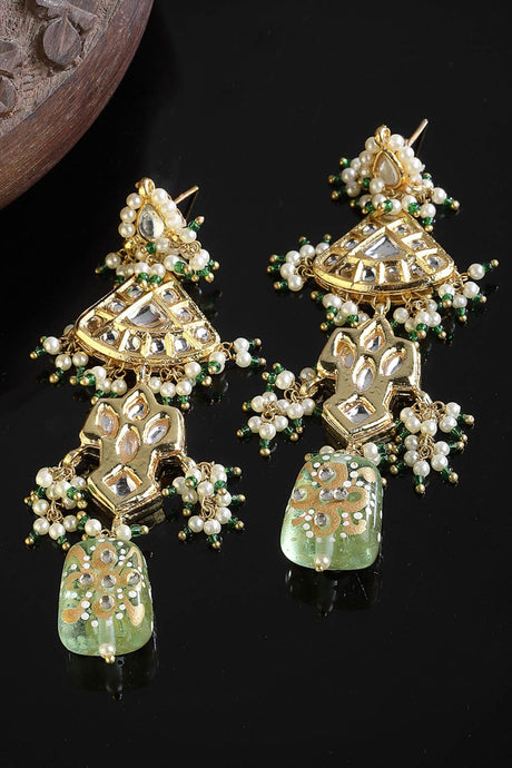 Buy Women's Sterling Silver Kundan Drop Earring in Green - Side