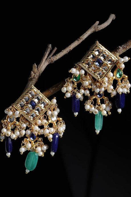 Buy Women's Sterling Silver Kundan Drop Earring in Blue - Back