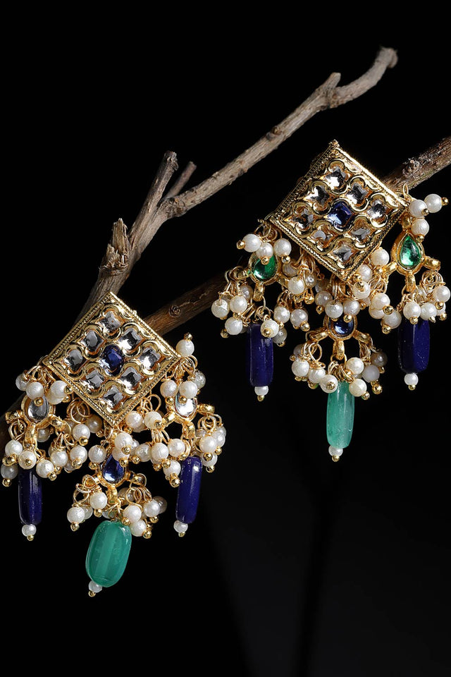 Buy Women's Sterling Silver Kundan Drop Earring in Blue - Back