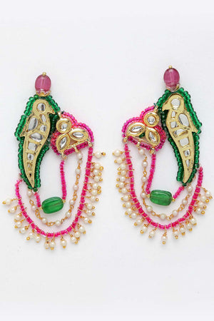 Pink And Green Gold-Plated Kundan And Pearls Dangler Earring