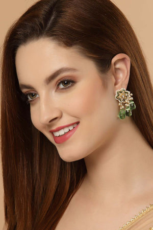 Green And White Gold-Plated Kundan And Pearls Dangler Earring