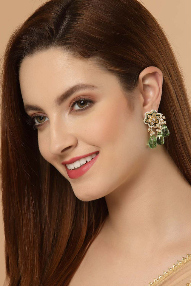 Green And White Gold-Plated Kundan And Pearls Dangler Earring