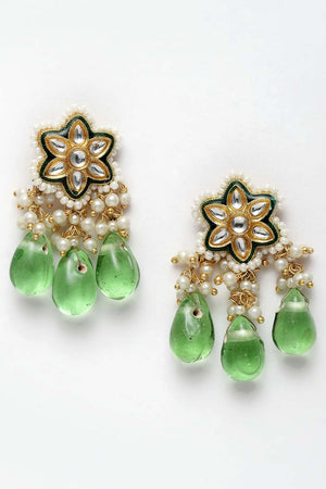 Green And White Gold-Plated Kundan And Pearls Dangler Earring