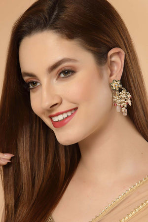 Pink And Green Gold-Plated Kundan And Pearls Dangler Earring