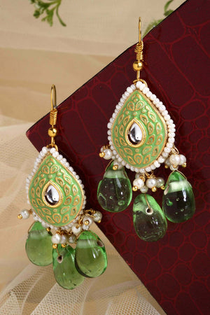 Green And White Gold-Plated Kundan And Pearls Dangler Earring