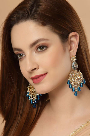 Blue And White Gold-Plated Kundan And Pearls Dangler Earring