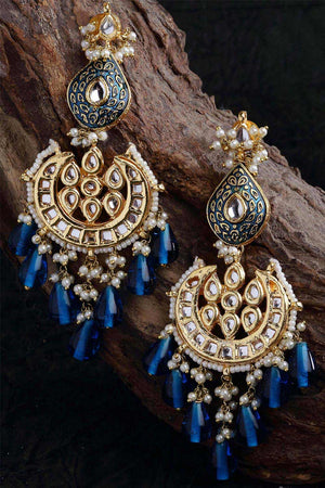 Blue And White Gold-Plated Kundan And Pearls Dangler Earring