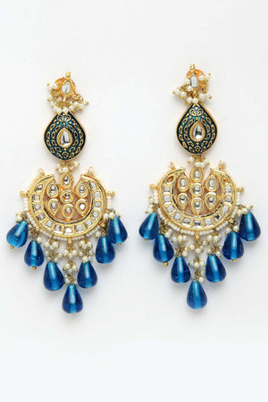 Blue And White Gold-Plated Kundan And Pearls Dangler Earring