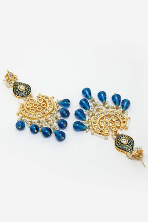 Blue And White Gold-Plated Kundan And Pearls Dangler Earring
