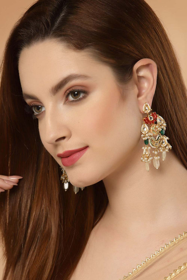 Multi-Color And White Gold-Plated Kundan And Pearls Dangler Earring