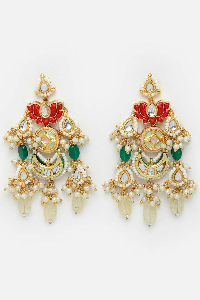 Multi-Color And White Gold-Plated Kundan And Pearls Dangler Earring