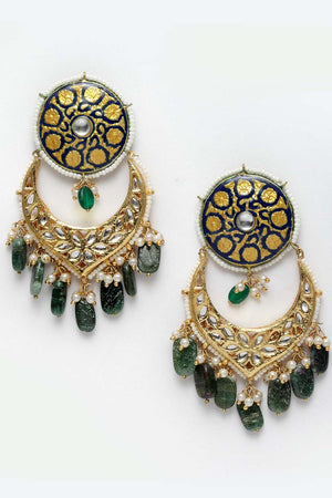 Blue And White Gold-Plated Kundan And Pearls Dangler Earring