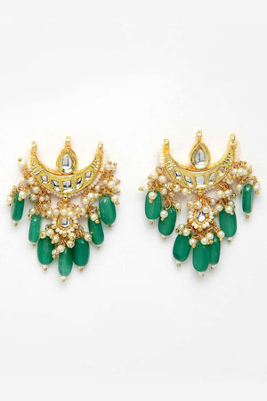 Green And White Gold-Plated Kundan And Pearls Dangler Earring